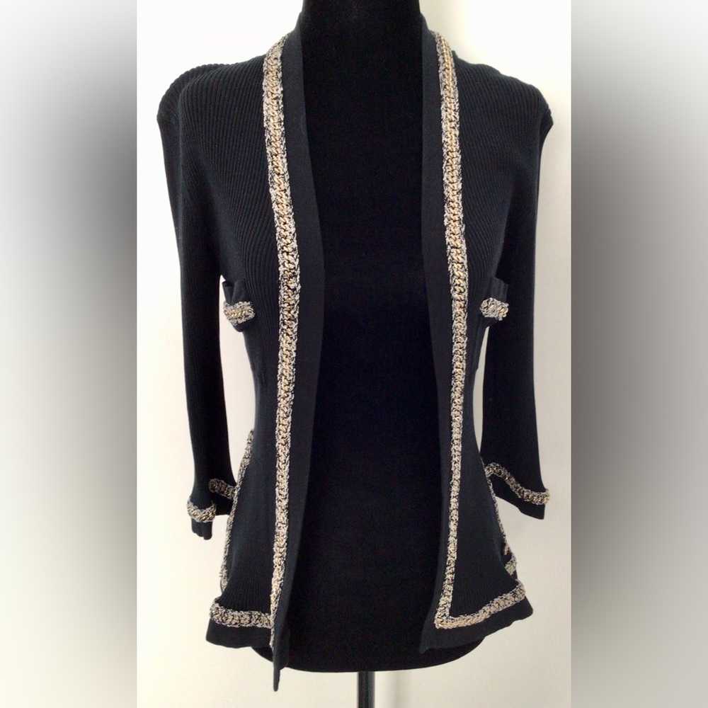 CHANEL Black Jersey Jacket Cardigan With Gold Chain Trim FR 38.
Fits 4-6 US